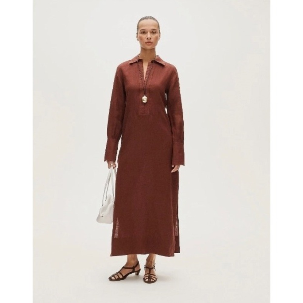 J.Crew Tunic Dress in Linen Size Small Long Sleeve Midi Length Burgundy Earthy
